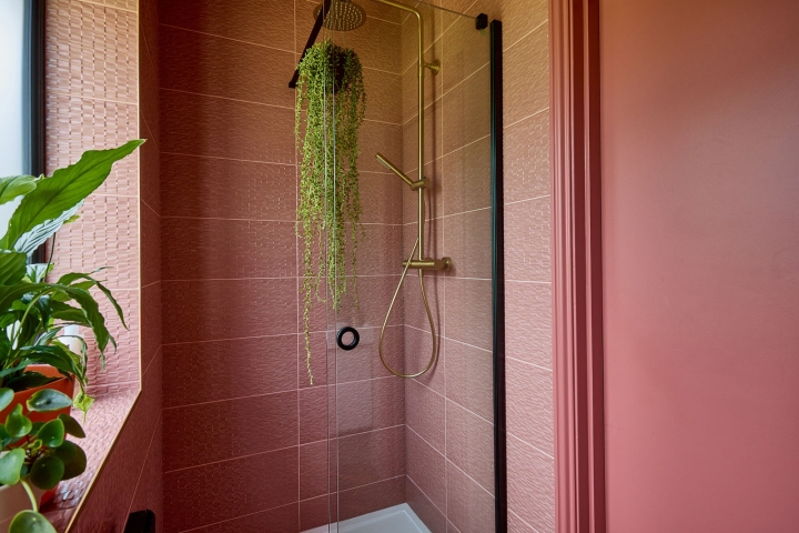 Pink Ensuite Shower Room with brushed brass shower